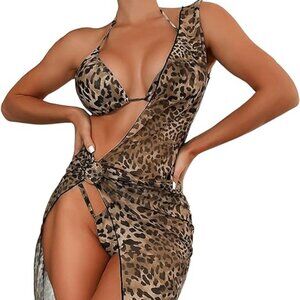 Women's leopard halter cut out bikini set